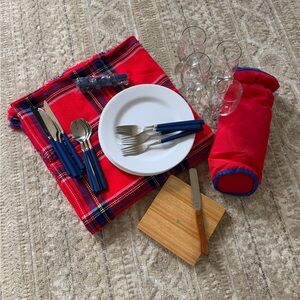 Red Plaid Picnic Set with Blue Flatware and White Dinner Plate
